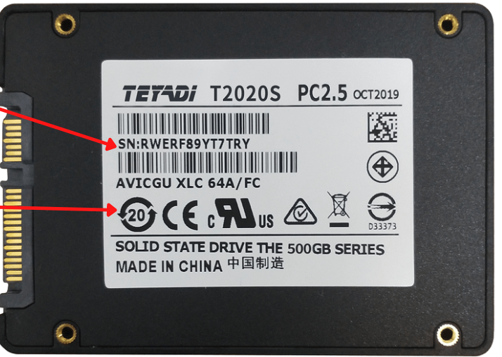 ssd drive with red arrows pointing to serial number and manufacturer logos